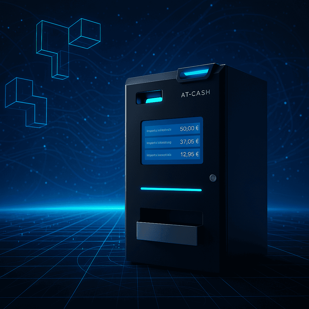 AT-CASH evo sobre un fondo tecnológico azul