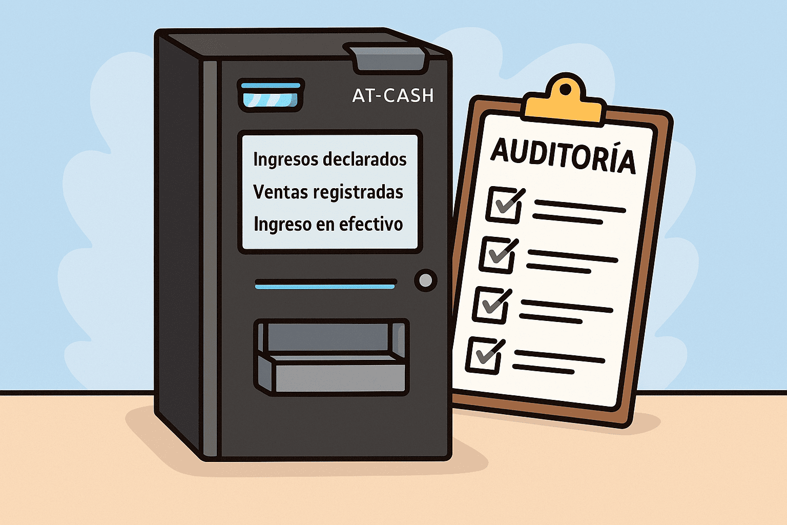Ilustración de una máquina AT-CASH junto a una lista de control de auditoría
