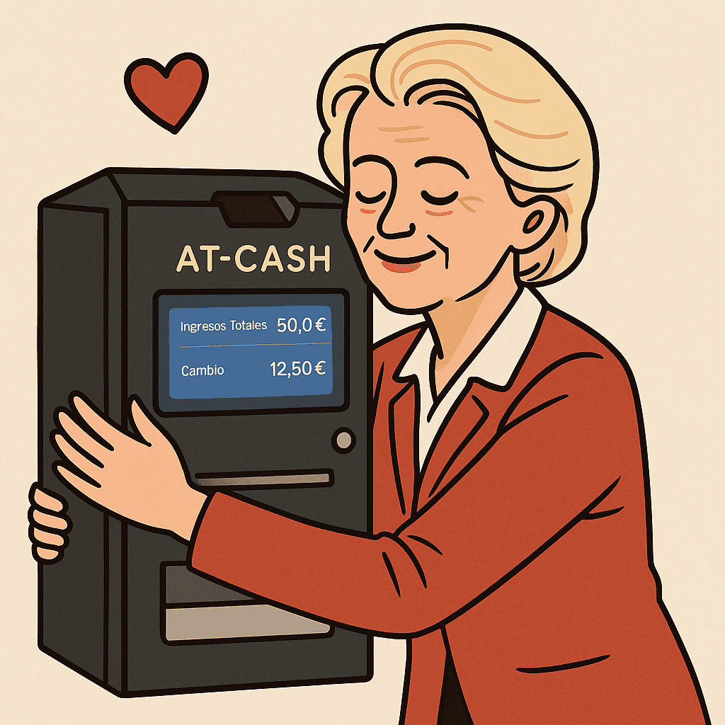 Ilustración de Ursula von der Leyen abrazando una máquina AT-CASH
