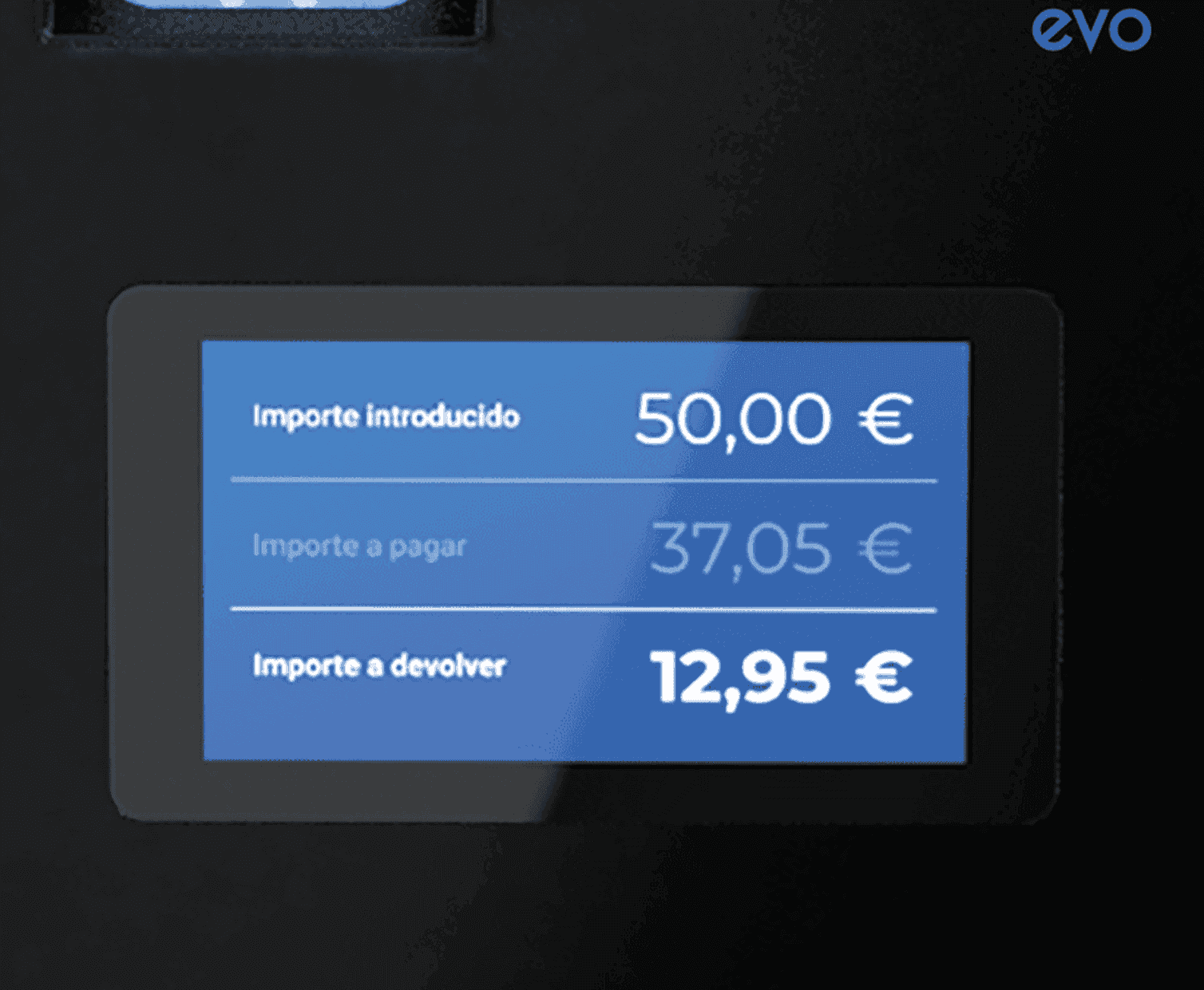 Pantalla de AT-CASH con el importe a pagar, el importe introducido y el cambio
