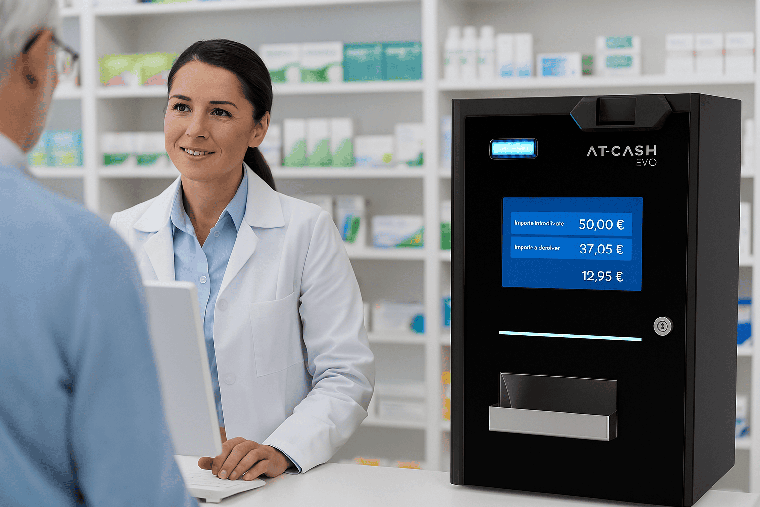 AT-CASH evo en una farmacia mientras la farmacéutica atiende a un cliente