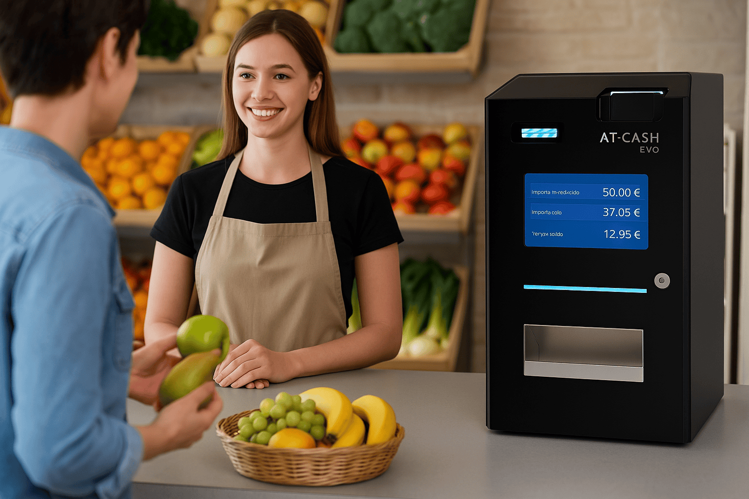 AT-CASH evo en una frutería mientras la dependienta atiende a un cliente