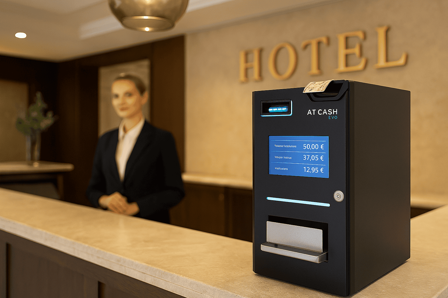 AT-CASH evo en la recepción de un hotel
