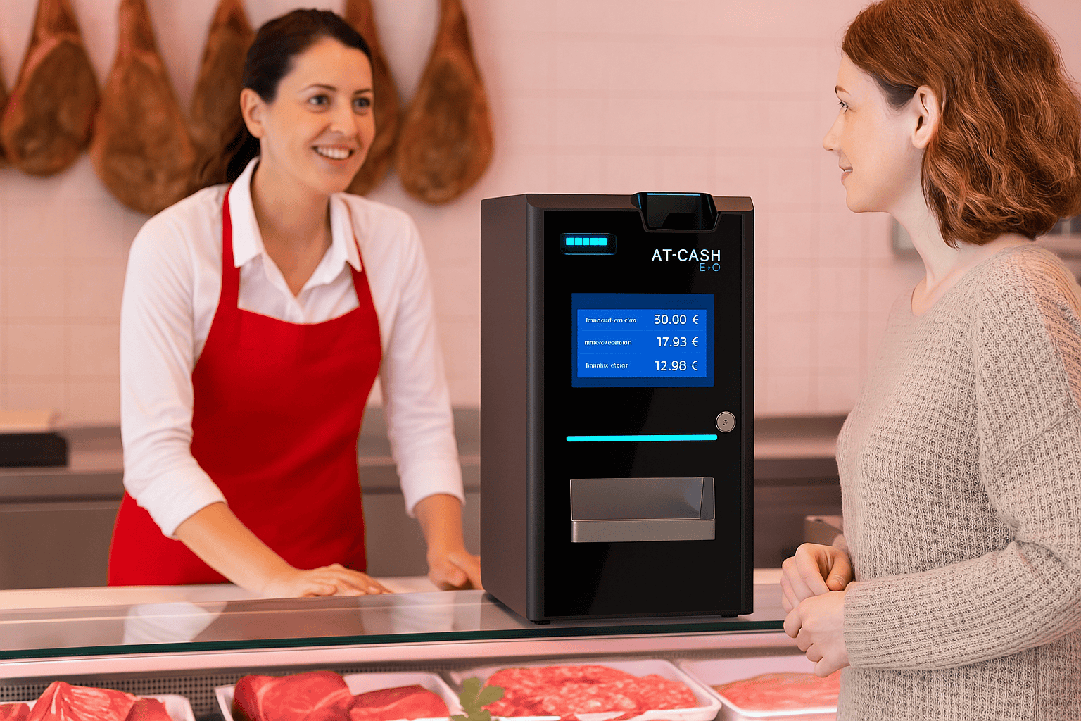 AT-CASH evo en una carnicería mientras la carnicera atiende a una clienta