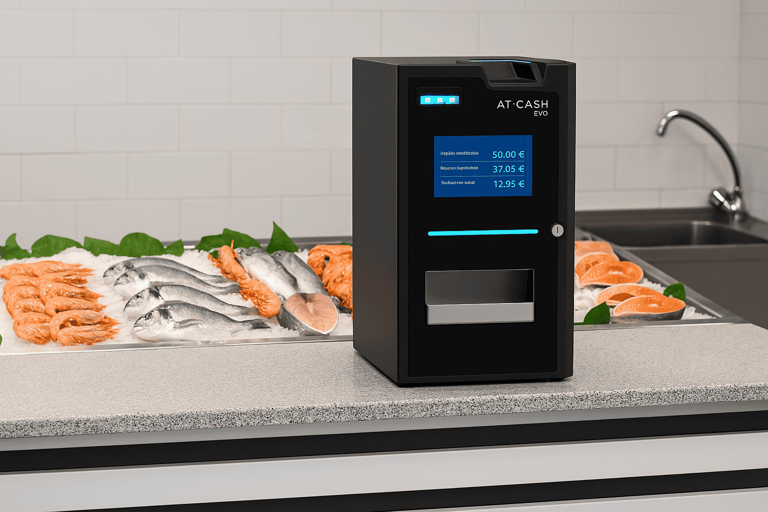 AT-CASH evo en el mostrador de una pescadería