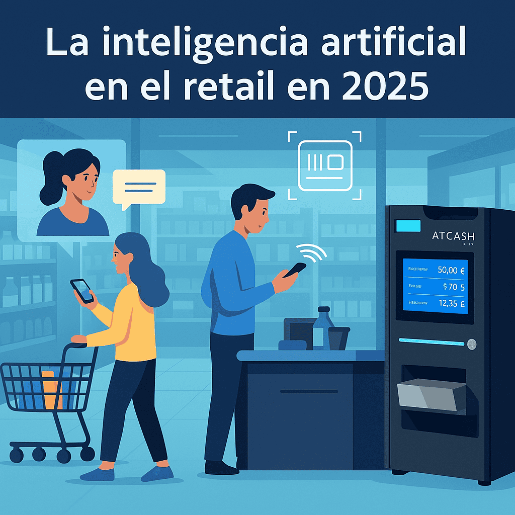 Ilustración de clientes usando una AT-CASH: la inteligencia artificial en el retail en 2025
