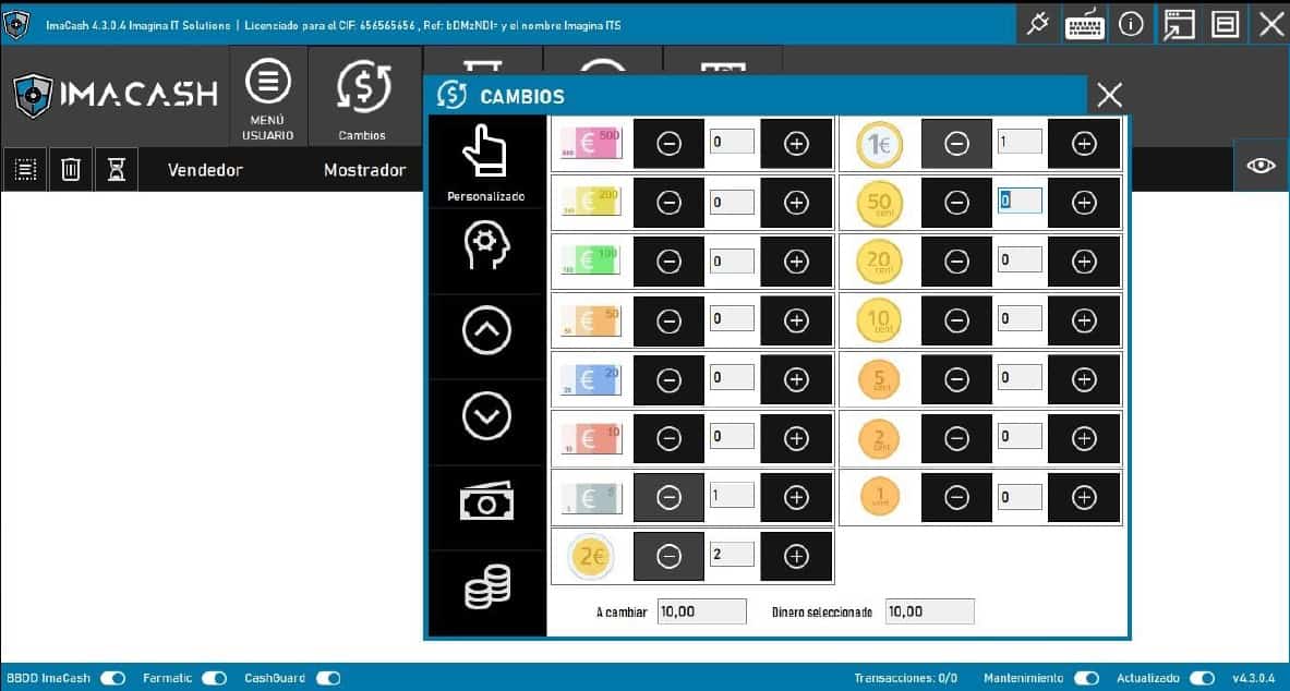 Pantalla de la gestión de caja en Imacash Pantalla de la gestión de caja en Imacash